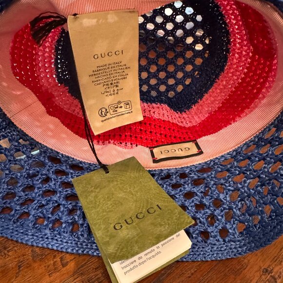 NWT GUCCI Interlocking GG Leather Logo Raffia Effect Bucket Hat - Picture 6 of 7